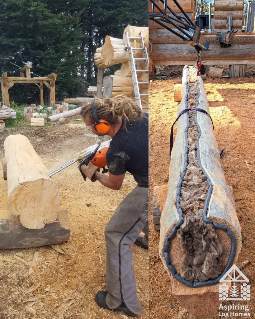 Cutting out of log home log and insulation. 